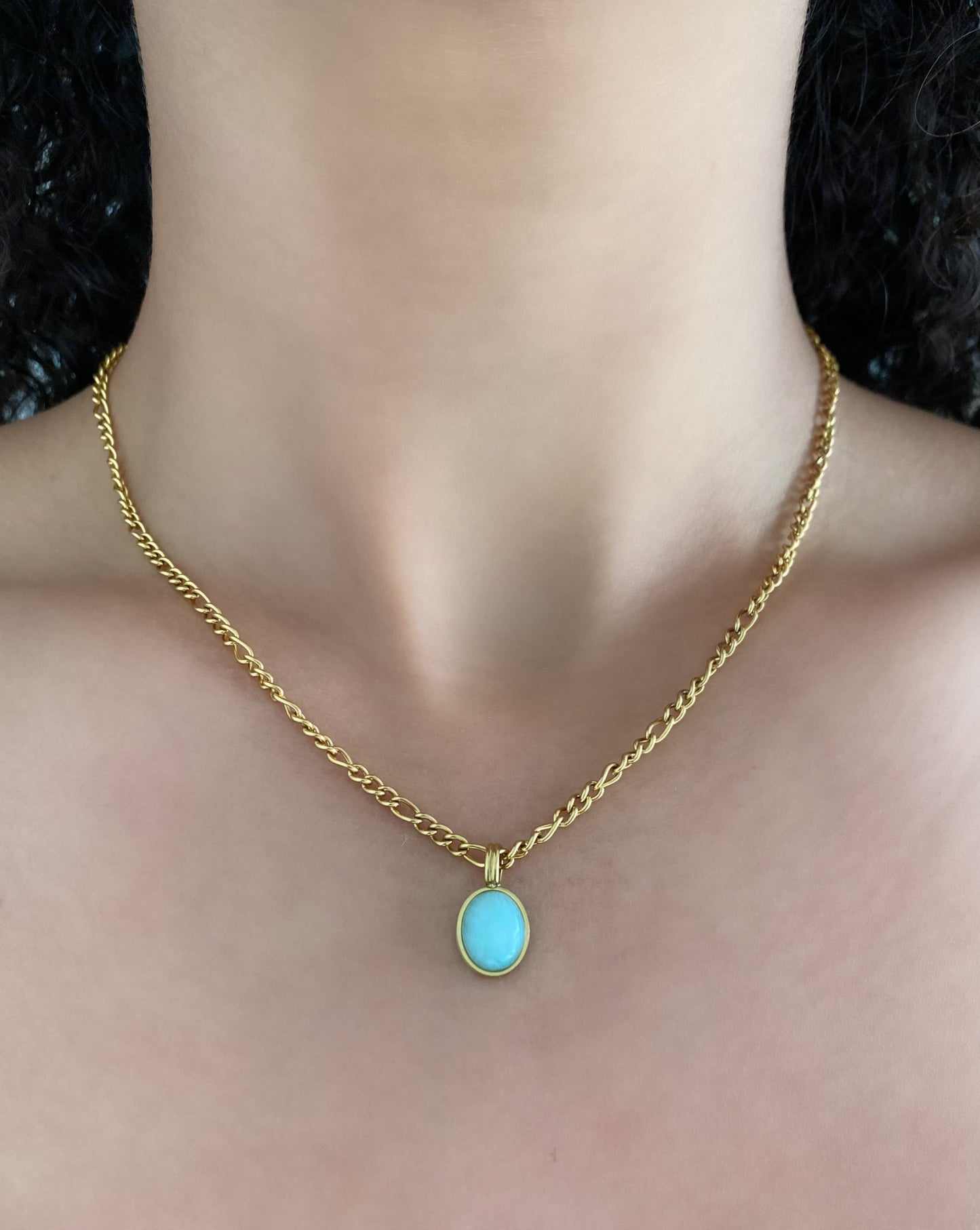 316L Stainless Steel Gold Necklace with Blue Ellipse Charm Pendant