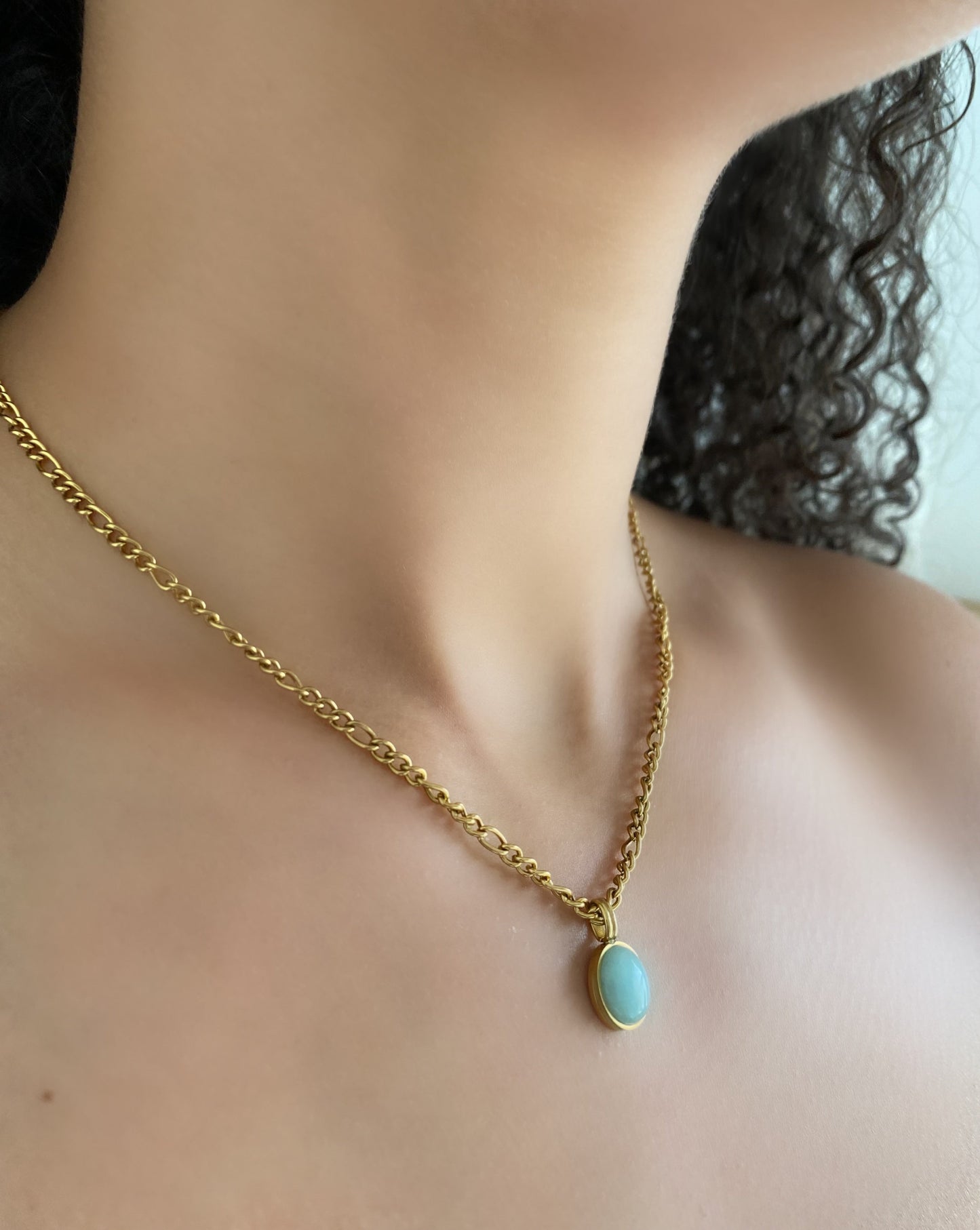 316L Stainless Steel Gold Necklace with Blue Ellipse Charm Pendant