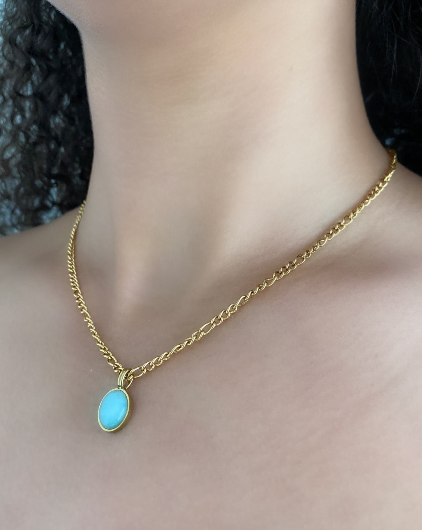 316L Stainless Steel Gold Necklace with Blue Ellipse Charm Pendant